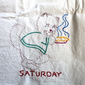 Mid Century Modest Style : Hand Embroidered Saturday Kitten Dish Towel Cream Birdseye Cotton