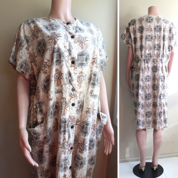 2X 3X Plus Cotton Beige Hand Made Work Day Dress Vintage 1950s Button Short Sleeve Pockets