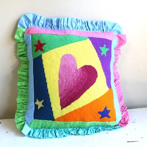 Whimsy Core : 14 in Hand Stitched Needlework Heart Star Pillow Cover Cotton Ruffle with Poly Insert