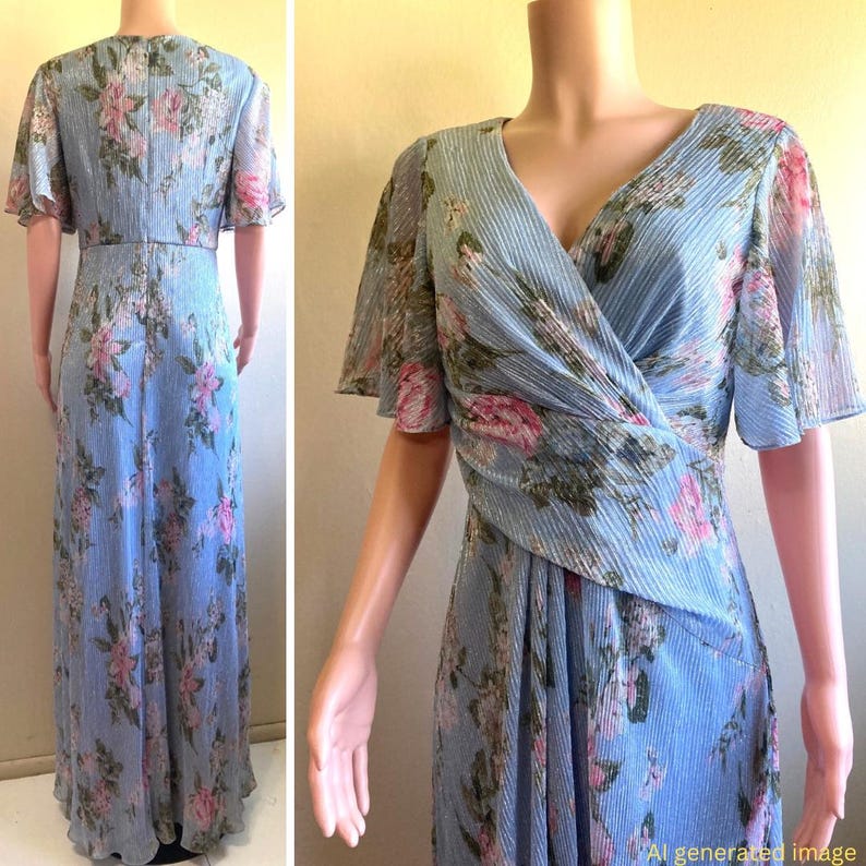 Op de afbeelding: Een lichtblauwe, vloerlange jurk met een bloemenpatroon van roze en groene bloemen. De jurk heeft een V-hals, korte fladdermouwen en een geplooide textuur. De jurk wordt op een mannequin getoond.