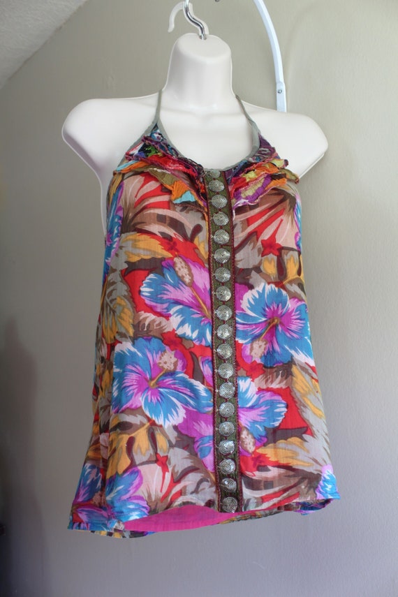 Womens size S Sleeveless Cotton Tropical Floral B… - image 6