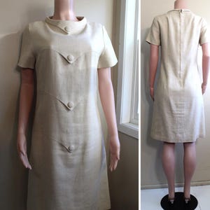 Vintage 1960s Day Dress : Moygashel Vintage 1960s Women&#39;s size M A-Line Shift Beige Irish Linen