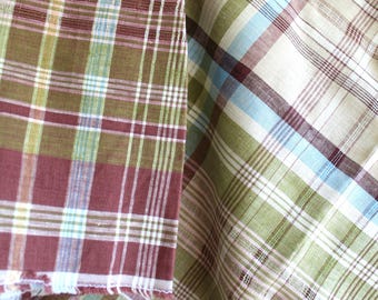 Sold by the Yard :  Plaid 100% Linen 56 in wide Shirting Fabric Cinnamon Olive Beige