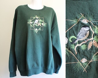 Vintage 1990s Lodge Style : Serengeti Womens size L Pine Green Chickadee Embroidered Front Cotton Blend Knit Sweatshirt Long Sleeve