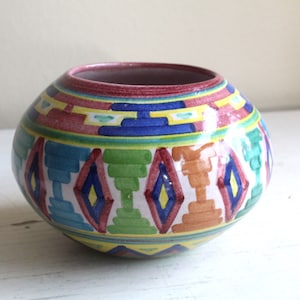 May include: A round, ceramic vase with a colorful geometric pattern in shades of red, blue, green, yellow, and orange. The vase has a slightly rounded bottom and a wide opening at the top.