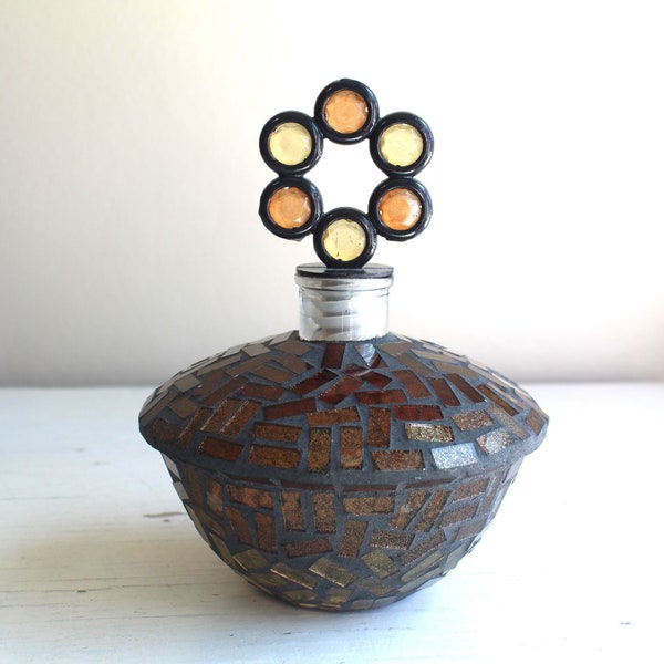 7" Tall Amber Gold Iridescent Mosaic Glass Wide UFO Shaped Moon Water Bottle with Lead Glass Stopper Vintage Y2K