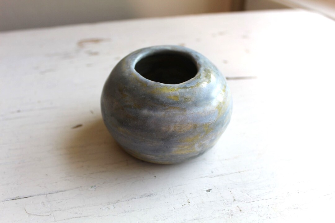 Child Made Hand Thrown Gray Yellow Vase Student Art Pottery White Clay