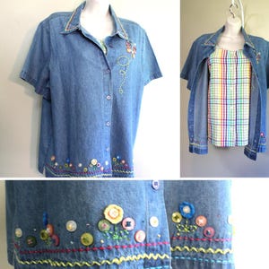 Chemise brodée imitation twinset en denim : style Cottagecore vintage, XL