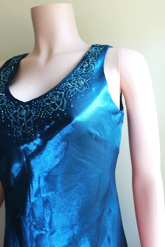 Vintage Y2K Alex Evenings Slip Dress: Cerulean Blue Beaded Gown, Size 6
