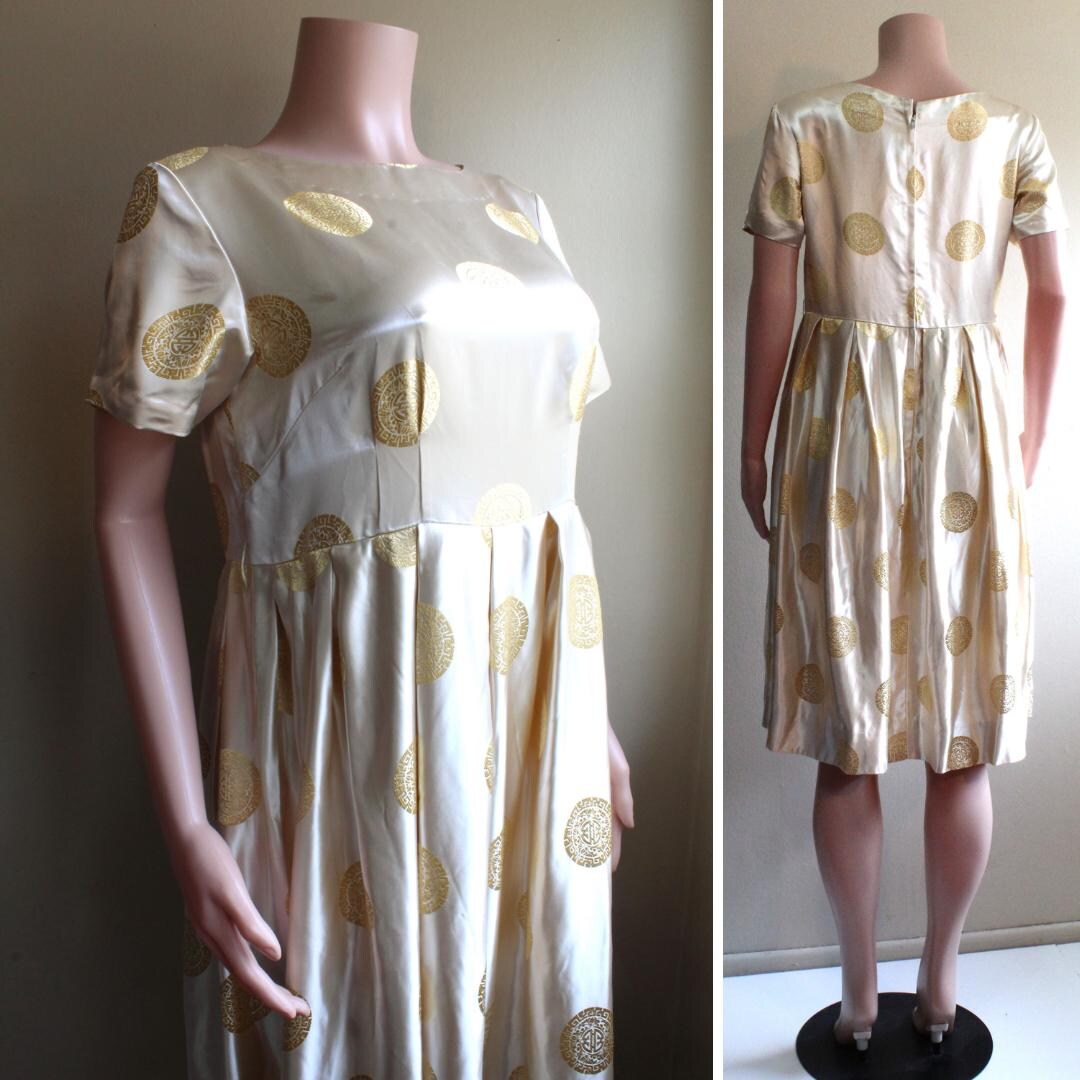 Vintage MCM Party Dress : Womens Size L Handmade Cream Satin Vintage MCM Party Dress : Womens Size L Handmade Cream Satin