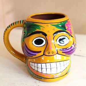 Dia de Los Muertos : Whimsical Gold Calaca Skull Mug Ceramic Terracotta Pottery Hand Painted Souvenir Coffee Cup Made in Mexico