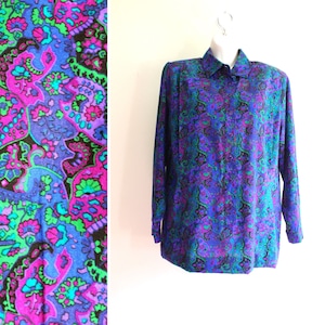 Prints Charming : Schrader Womens size 12 L PL Vintage 1980s Blue Purple Jade Acrylic Paisley Button Up Shirt