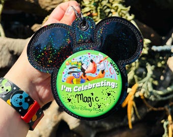 Black Rainbow Holographic Vinyl - Mouse Backer Keychain for 3” Celebration Buttons - Badge Holder - Backpack Charm - Theme Park Accessory