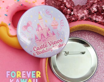 Vistas del castillo y deseos de cumpleaños - Botón de celebración - Botón de día en el parque - Botón de viaje de cumpleaños - Botón de Disney