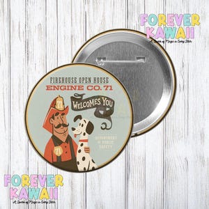 May include: A round button with a retro design featuring a firefighter and a Dalmatian dog. The button has the text "FIREHOUSE OPEN HOUSE ENGINE CO. 71 WELCOMES YOU" and "DEPARTMENT OF PUBLIC SAFETY". The button is silver with a gold rim.