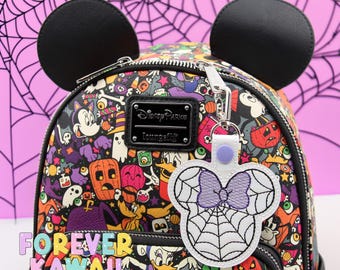 Spiderweb Mouse Ears Halloween Bag Charm with Bow | Spooky Cute Keychain | Glitter Vinyl Accessory for Backpacks, Lanyards, Park Bag Charm