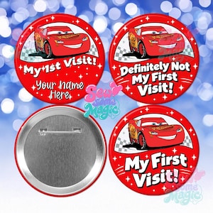 May include: Three circular red pinback buttons featuring a red race car graphic with the number 95. The buttons display the text My 1st Visit!, Definitely Not My First Visit!, and My First Visit!, with a space for a name on one button.