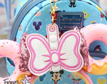 White and Hot Pink Bow Ear Holder Keychain, Disney Mouse Ear Holder Keychain, Popcorn Bucket Keychain, Resort Mug Holder