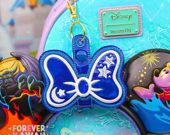 Sorcerer Mouse Bow Ear Holder | Blue Holographic Faux Leather Disney Ear & Hat Holder | Bag Charm for Sunglasses, Popcorn Bucket, Resort Mug