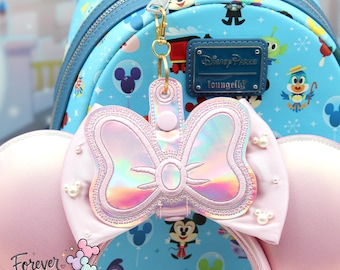 Roze holografische boogoorhouder sleutelhanger, Disney muis oorhouder sleutelhanger, popcornemmer sleutelhanger, resortmokhouder