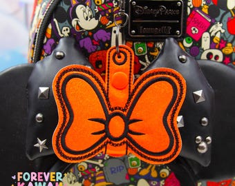 Halloween Bow Ear Holder Keychain | Orange & Black Faux Leather Disney Ear and Hat Holder | Bag Charm Sunglasses, Popcorn Bucket, Resort Mug