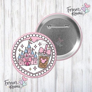 Pink Coquette Castle and Coffee Celebration Button, Cute Park Button, Iced Coffee Disney Outfit Accessory, Girly Button, Cute Park Pin