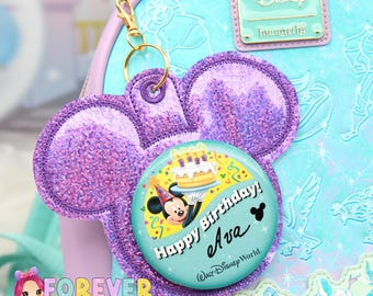 Purple Glitter Holographic Vinyl - Mouse Backer Keychain for 3” Celebration Buttons - Badge Holder - Backpack Charm - Theme Park