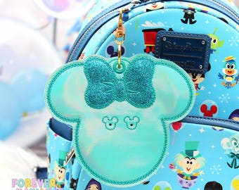 Blue Shimmer Celebration Button Holder | Iridescent Glitter Bow Park Button Holder | Handmade Accessory for Disney Trips & Bags