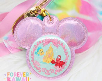 Pink Iridescent Celebration Button Keychain - Mouse Backer Backer Keychain - Badge Holder - Backpack Charm - Theme Park Accessory