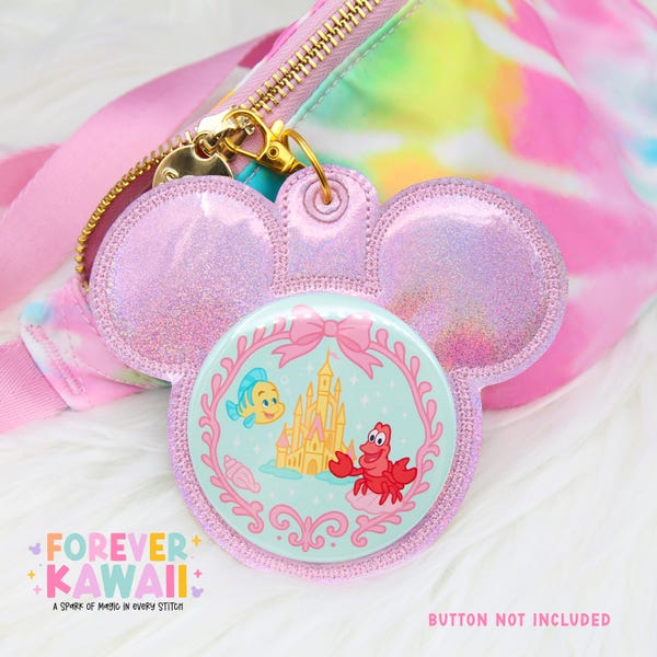Chaveiro com botão rosa iridescente de celebração - Chaveiro Mouse Backer - Porta-crachá - Pingente para mochila - Acessório para parque temático