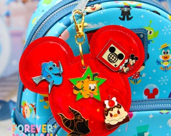 Red Holographic Disney Pin Trading Keychain | Choose 3 Pin Holder or 5 Pin Holder | Park Trading Bag Charm & Display Accessory