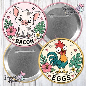 May include: Set of four round pinback buttons. One button features a cartoon pig with the word "BACON". Another button has a cartoon rooster with the word "EGGS". The buttons have pink and yellow borders with tropical floral designs.