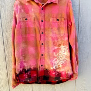 Men's Medium, Plaid Flannel Shacket: Upcycled Bleached Orange,black and red, bleached