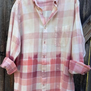 Large/Bleached Flannel Shirt/upcycled/oversized/dip dyed/distressed/bleached flannels/boho/plaid/shacket/upcycle/vintage