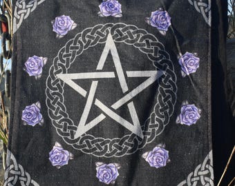 White Pentagram, Purple Roses & Celtic Knot on Black Shoulder Bag with Matching Key Ring
