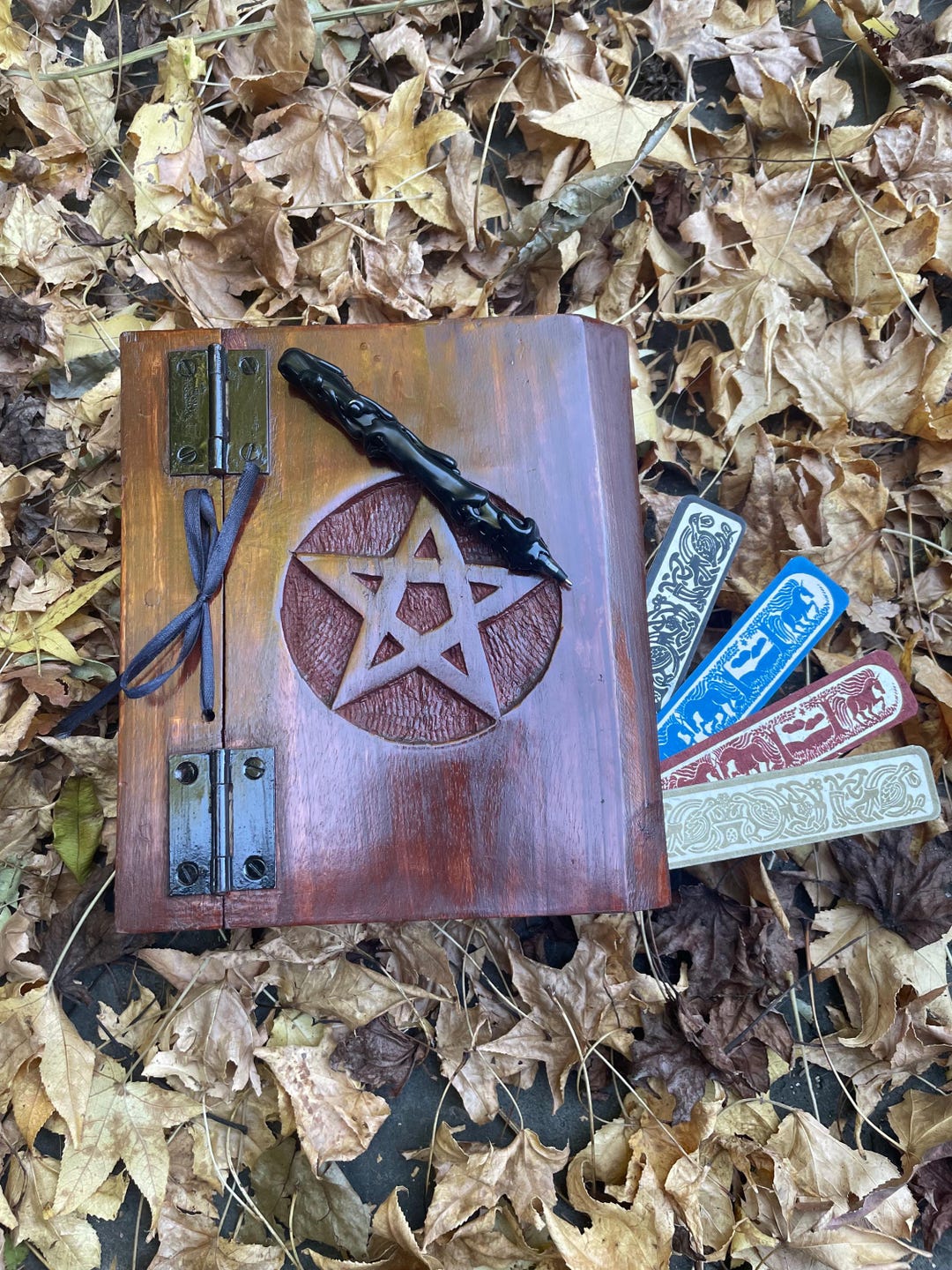 Wooden Book of Shadows Pentagram Journal, Witchcraft Spell Book Set ...
