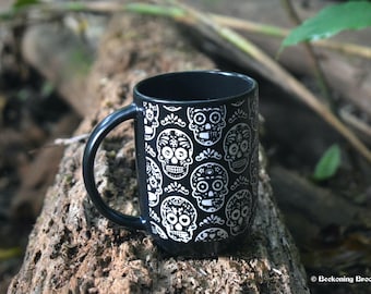 Large Skull Mug Day Of The Dead Calavera Cup with Palo Santo Smudge Stick