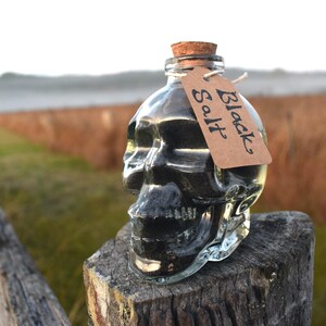 Medium Handmade Ritual Black Salt in Glass Skull Jar