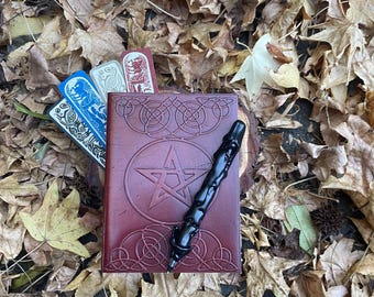 Small Leather Book of Shadows Journal, Embossed Pentagram Wiccan Grimoire, Pagan Altar Tool