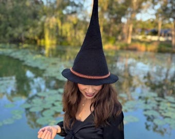 Handmade Felt Witches Wizards Hat Black & Brown Pure Wool with Crocheted Hat Band Large