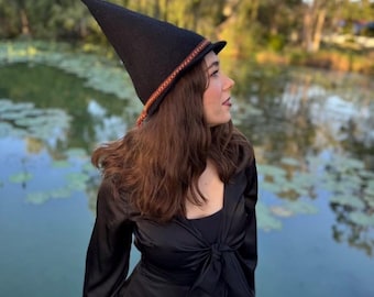 Handmade Felt Witches Wizards Hat Black & Brown Pure Wool with Crocheted Hat Band Small