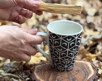 Crescent Moon Mug, Divine Geometry Energy Tea Coffee Cup with Palo Santo Smudge Stick