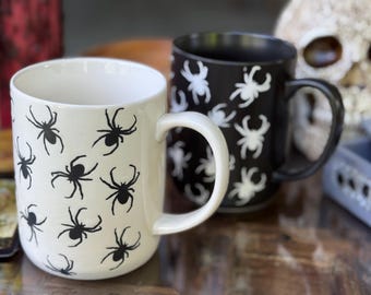 Large Spider Mug Black & White Cup with Palo Santo Smudge Stick