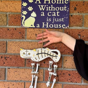 Wooden Cat Wind Chime Rattle Metal Sign Set, Day of the Dead, Pagan Altar Decor
