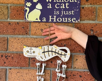 Wooden Cat Wind Chime Rattle Metal Sign Set, Day of the Dead, Pagan Altar Decor