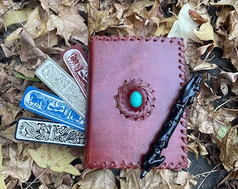 Medium Leather Bound Adventurine Crystal Book of Shadows with Dream Pen & Assorted Bookmark