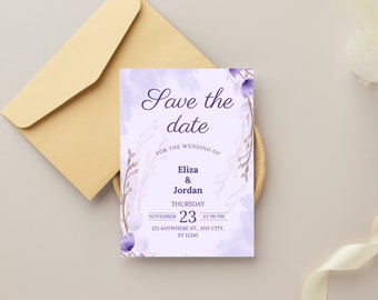 Purple Save The Date, Printable and Electronic Save The Date, Instant Download, Elegant Date Announcement, Purple Aesthetic Save The Date