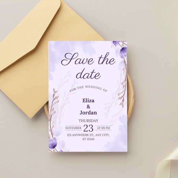 Purple Save The Date, Printable and Electronic Save The Date, Instant Download, Elegant Date Announcement, Purple Aesthetic Save The Date