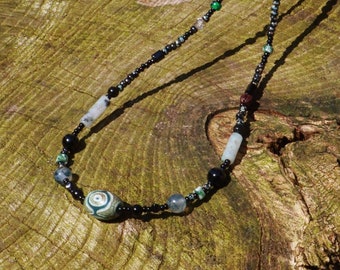 Energy Turner: Handmade Czech glass necklace, three-eyed dzi bead, natural jade
