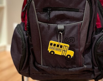 Personalized School Bus Name Tag Set: Teacher Keychain & Backpack Charm